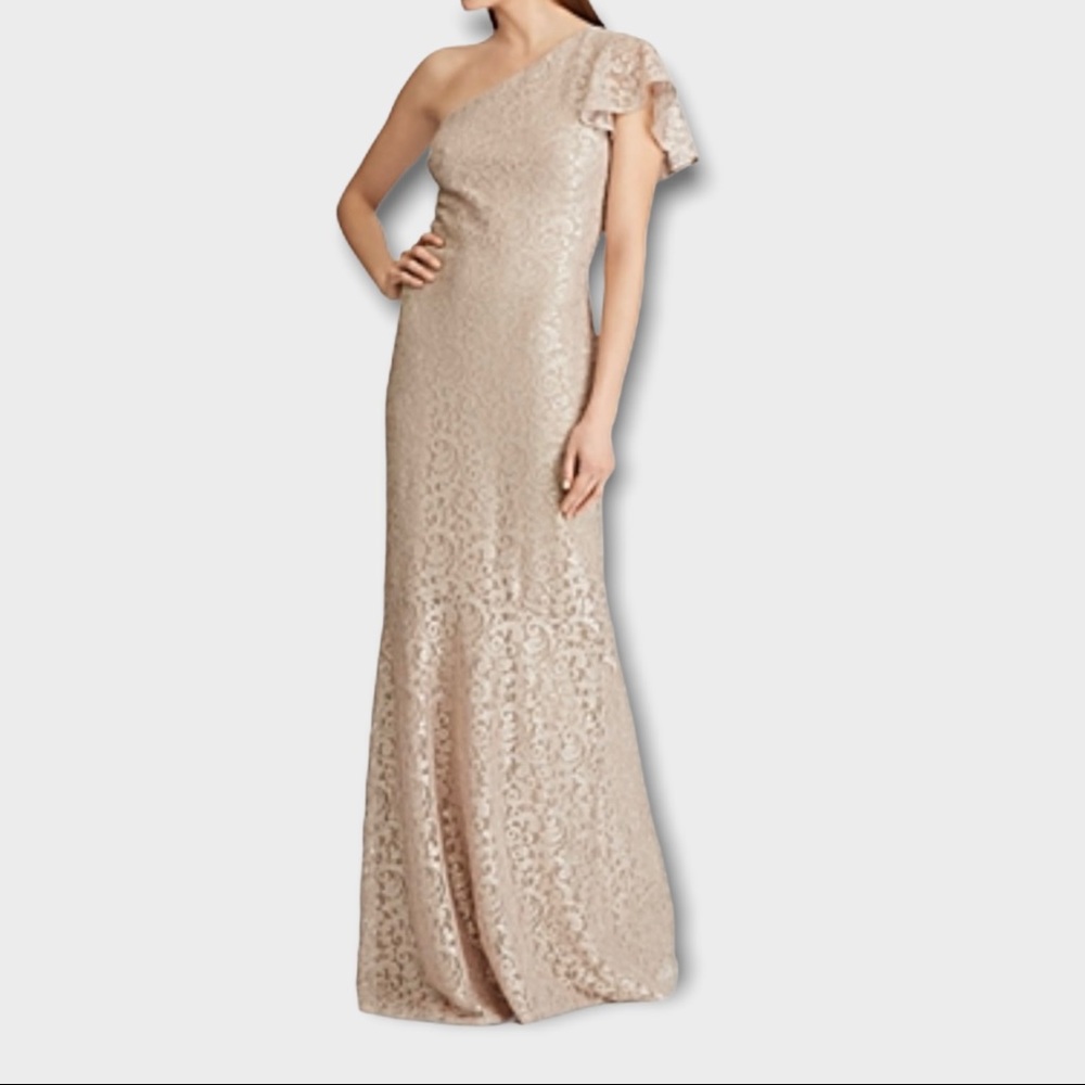 Lauren Ralph Lauren One-Shoulder Lace Lined Gown in Champagne Sz 2